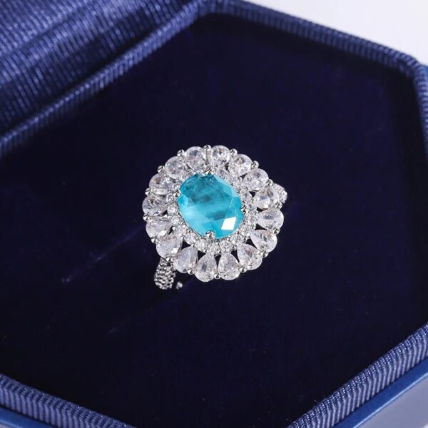 Luxurious Paraiba Sapphire Flower 925 Silver Plated Couple Ring - Image 2