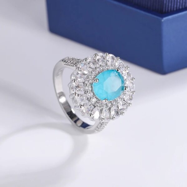 Luxurious Paraiba Sapphire Flower 925 Silver Plated Couple Ring