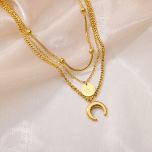 Crescent Moon Small Round Beads Multilayer Chain Necklace